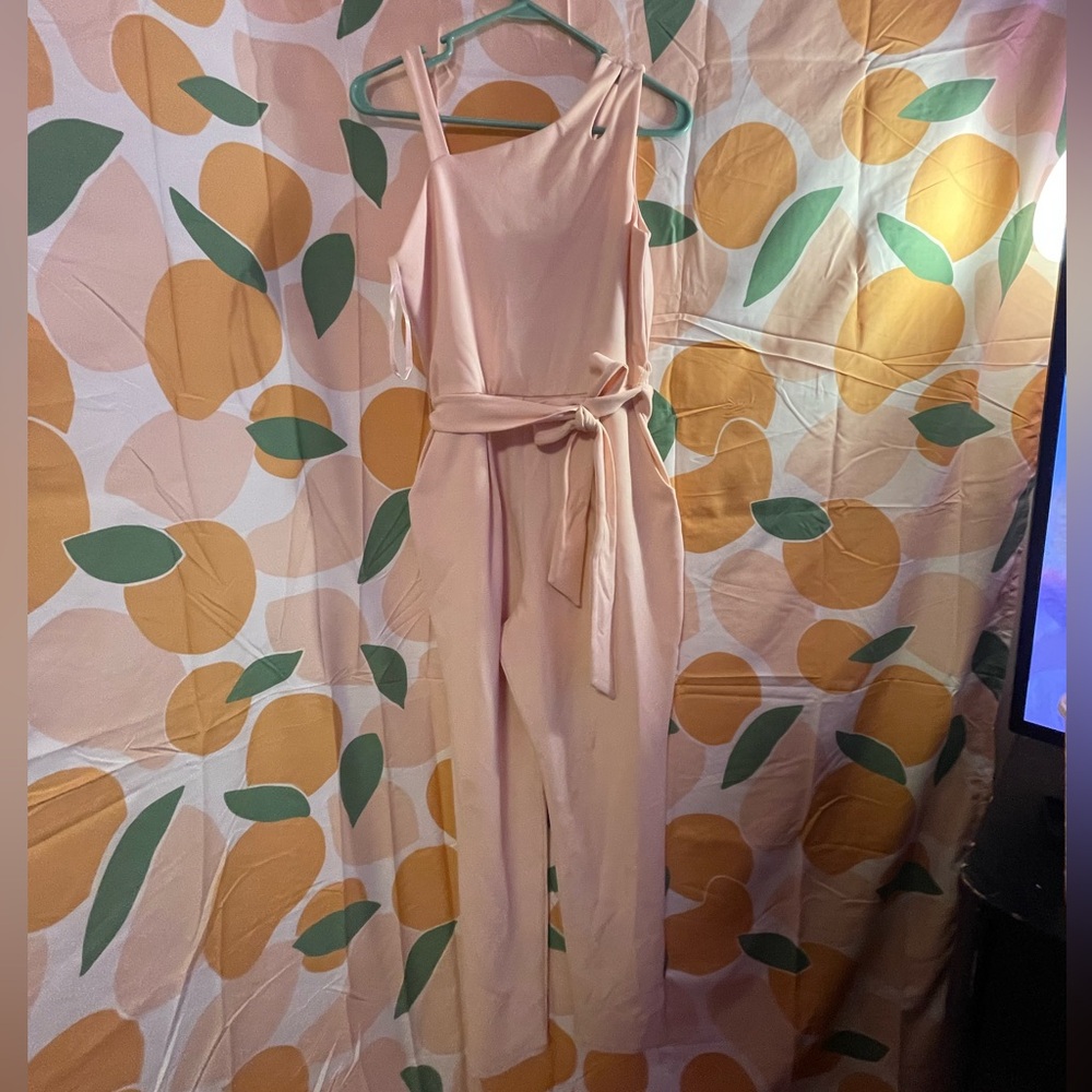 Amy Byer light pink jumpsuit with tie how around the waist